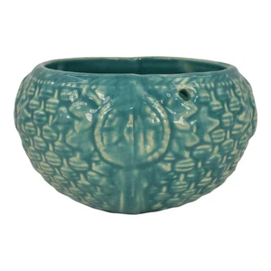 McCoy 1932 Art Pottery Blue Embossed Basketweave Hanging Basket Planter 296 - Picture 1 of 6