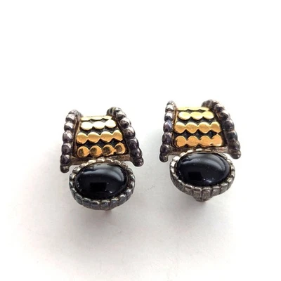 Vintage Premier Designs Silver Tone Faux Onyx Black Glass Clip On Earrings - Image 1 of 4