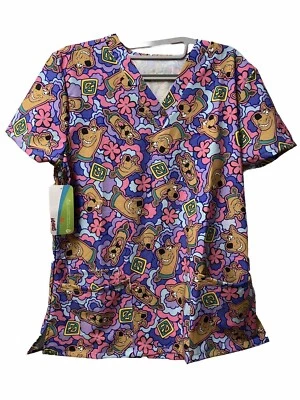 NEW Scooby-Doo Scrubs Top Small V-Neck Mystery Machine Purple Pink Pocket - Image 1 of 4