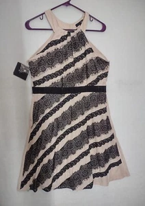 RYU Anthropologie Dress Sz M Black Lace Diagonal Ivory Mock Halter Zip Lined NWT - Picture 1 of 8