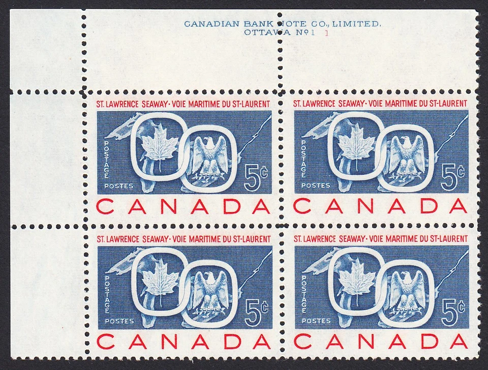ST.LAWRENCE SEAWAY, EAGLE, MAPLE LEAF * CANADA 1959 #387 MNH UL BLOCK of 4 PL#1 - Image 1 of 1