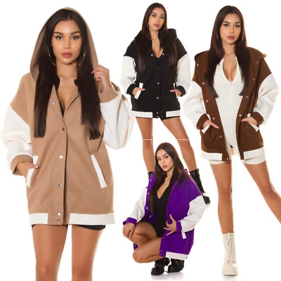 Kapuzenpullover Jacke Lang Frau College Oversize Buttons Taschen Neu - Bild 1 von 4