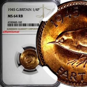 Great Britain George VI Bronze 1945 Farthing NGC MS64 RB RED TONING KM# 843 (60) - Picture 1 of 4