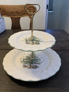 Vintage Nikko Happy Holidays Two Tier Tray Christmas Trees Appetizers - Picture 1 of 5