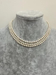 Estate 6mm Cultured Pearl Three Strand Necklace w/ 14K Gold Clasp - 34" Long - Picture 1 of 6