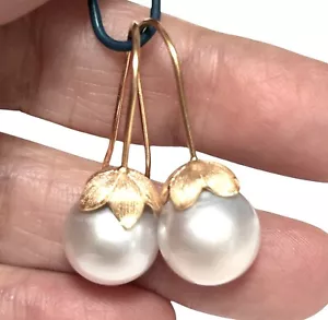 Exquisite 11.2 x 12.2mm Indonesian Silver White South Sea Pearl Dangle Earrings - Picture 1 of 14