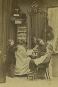 Germany Berlin at the Barber shop Children Scene de Genre Old CDV Photo 1875 - Picture 1 of 3