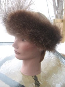 #L77 BONET BROWN RACCOON FUR HAT TOP SUEDE BEIGE  SIZE 21"INCHES 5"INCHES DEEP - Picture 1 of 6