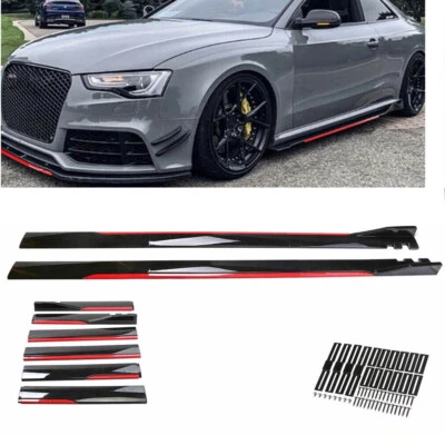 Gloss Black 86.6" Side Skirts Splitter Extension Red Lip For Audi A3 A4 S3 S4 S5 - Image 1 of 4
