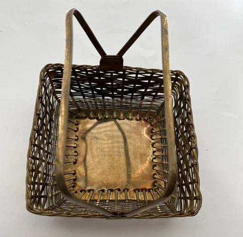 Vintage Brass Woven Basket with Double Folding Handles Boho Decor Made in India Cover