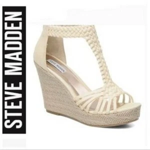 STEVE MADDEN Women US 7 Cream Textile T-Strap RISE Espadrille Wedge Heel Sandal - Picture 1 of 15