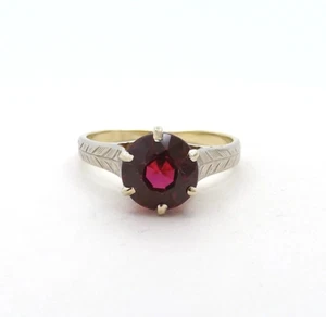 Art Deco 10k Gold Synthetic Ruby Ring July Birthstone Mine Cut Two Tone Pinky - Picture 1 of 6