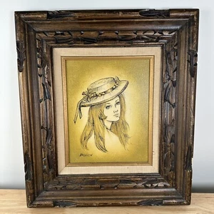Vintage Beautiful Woman Painting Hand Carved Wood Frame Signed Berlen 17.5”x15” - Picture 1 of 18