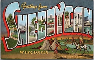 Vintage 1940s SHEBOYGAN Michigan Large Letter Postcard Indian Scene KROPP Linen - Picture 1 of 2