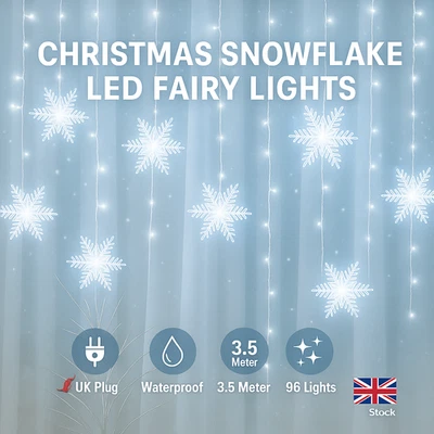 Xmas Snowflake LED Curtain Fairy Lights Window String Hanging Christmas UK Stock - Image 1 of 4