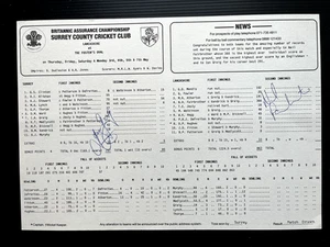 SURREY v LANCASHIRE 1990 - FAIRBROTHER / GREIG - CENTURIONS  - SIGNED SCORECARD - Picture 1 of 1