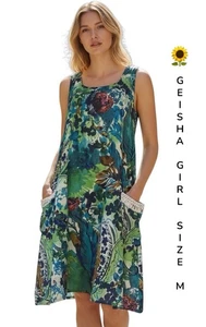 🌻 GEISHA GIRL GREEN FLORAL COTTON MIDI DRESS LACE TRIM POCKETS WOMENS  SIZE M - Bild 1 von 13