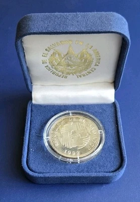 El Salvador Cuerdos de Paz 150 Colones - Moneda Plata 1992 - Decoloración  Foto 1 de 4