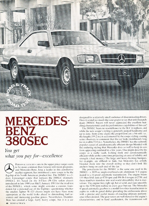 1982 Mercedes Benz 380SEC Road Test Classic Article P50 Foto 1 de 1