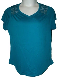 Faded Glory Solid Blue Cap Sleeve V-Neck Crochet Trim Knit Tee Size 1X - Picture 1 of 4