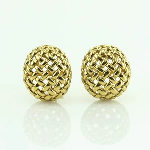 ART DECO DESIGNER HANDMADE OVAL MESH CLIP-ON PIERCED EARRINGS 18K YELLOW GOLD - Picture 1 of 7