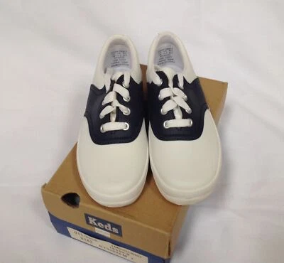 New Little girls kids Keds white navy saddle shoe style leather sneakers shoes 1 - Image 1 of 4