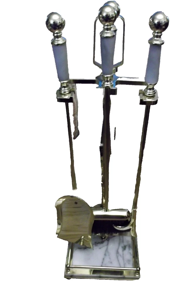 Elegante juego de herramientas para chimenea de mármol y latón vintage de 4 piezas Foto 1 de 1