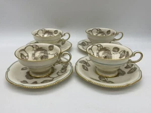 Set of 4 Castleton China GLORIA Teacups and Saucers Taupe Roses Blue Trim! - Picture 1 of 8