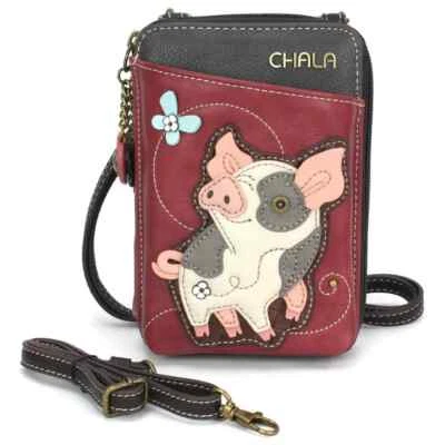 New Chala Wallet Crossbody Pleather Organizer Phone Bag SPOTTED PINK PIG Berry - Image 1 of 4