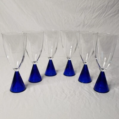 Vintage Set Of 6 Prisma Sasaki Eon Blue Wine/Water Flutes Glasses Japan 3”x 7.5” Foto 1 de 4