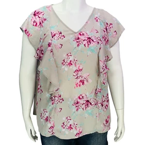 Torrid Womens Top Grey Floral Ruffle Georgette Blouse V Neck Plus Size 1 | 1X - Picture 1 of 15