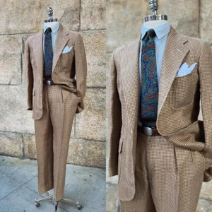 Houndstooth Suits Wide Notch Lapel Single Breasted Formal Wedding Business Wear - Picture 1 of 8