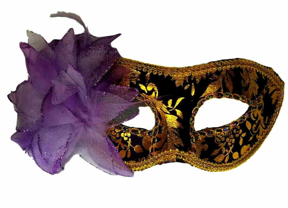 Máscara de Halloween de Mardi Gras púrpura lila dorada flor valor fiesta Foto 1 de 4