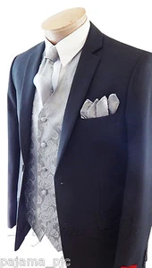New Men Silver Paisley Dress Vest Waistcoat & Neck tie And Hanky Set Prom Formal - Picture 1 of 5