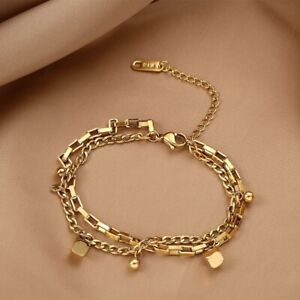 Woman 18K Gold Plated Stainless Steel Cubes Box Curb Chain Bracelet Bangle 7.9''