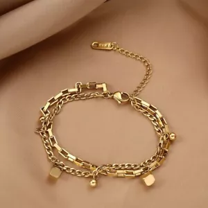 "Bracciale Bracciale Bracciale Catena Bracciale Donna Placcato Oro 18K Acciaio Inox Scatola Cubi Cordolo 7,9"" - Foto 1 di 4