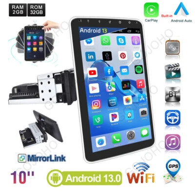 Single 1 DIN Rotatable 10.1'' Android 13 Touch Screen Car Stereo Radio GPS Wifi - Image 1 of 4
