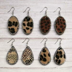 Retro Vintage klare Kristall & Geetach Leopardenleder ovale hängende Ohrringe