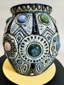 ART NOUVEAU CZECHO-SLOVAKIA AMPHORA JEWELED PATTERNED POTTERY VASE 1920s - Picture 1 of 9
