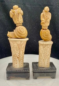 TWO CHINESE GOD SCULPTURES, RESIN/IVORINE, IMMORTALS ON A SNAIL 7.5", MARKED, vg - Picture 1 of 18