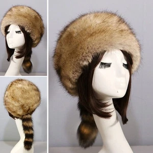 Unisex Kunstfellmütze Kosaken Outdoor Fleece Mütze Warme mit Waschbärschwanz - Bild 1 von 5