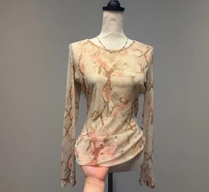 Y2K Snakeskin Mesh Top M Sheer Bratz Streetwear Long Sleeve Baddie Print - Picture 1 of 3