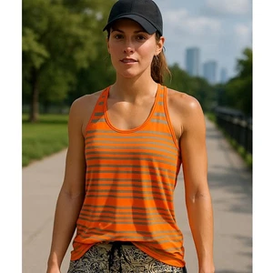 Athleta Racerback Tank Top Neon Orange Gray Striped M Built-In Bra Stretch - Picture 1 of 8