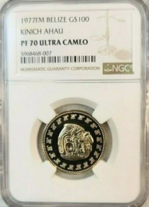 1977 BELIZE GOLD 100 DOLLARS G$100 KINICH AHAU NGC PF 70 ULTRA CAMEO PERFECTION - Picture 1 of 4