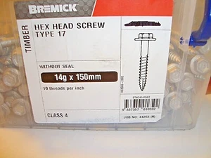 Hex Head Timber type 17 Screws,14G x 150mm,, (NO Seal ) QTY 50 GALV,Bremick - Picture 1 of 6