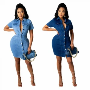 Abito donna moda monopetto maniche corte girocollo bodycon denim - Foto 1 di 13