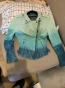 Muubaa Fornas Dip Dyed Ombre Leather Biker Jacket in Ocean Blue USA size 6 - Picture 1 of 9