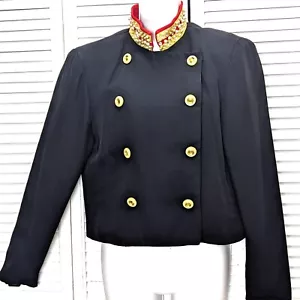 Womens Black cropped military jacket double breasted pearl collar Vintage Medium - Picture 1 of 19