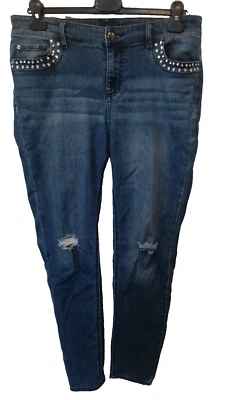 neuwertig* superweich hübsche blaue Stretch Jeans 40 Glitzer Nieten Loch/Fransen - Bild 1 von 4