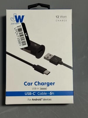 Cargador de coche Just inalámbrico negro compacto USB-C a USB-A cable 2.4A 12 vatios 6 pies Foto 1 de 2